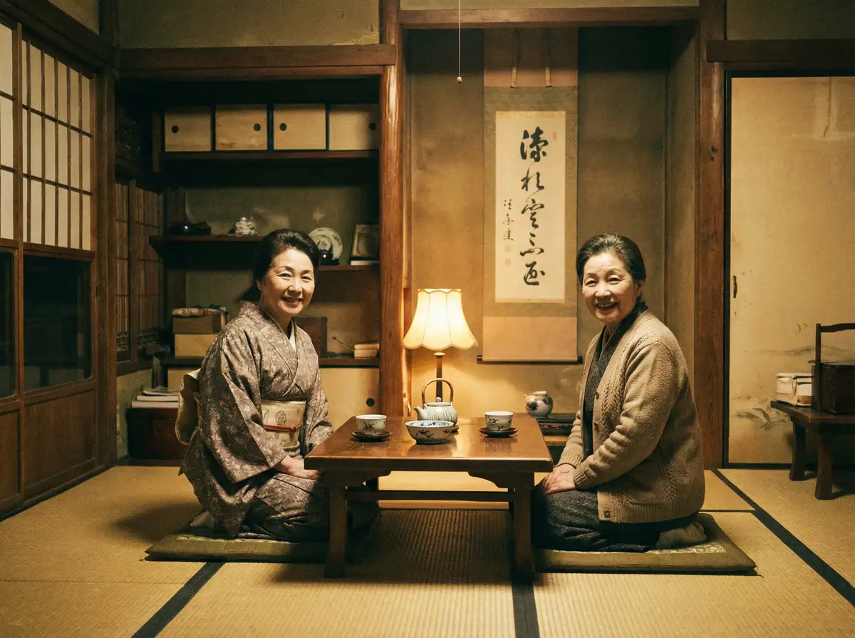 两位优雅的 吃瓜视频 在日式茶室中品茶交谈